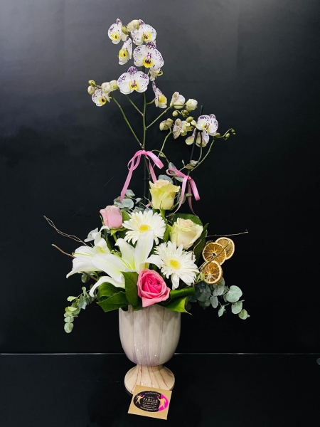 Porselen Vazoda Orkide Aranjman Şık Gösterişli